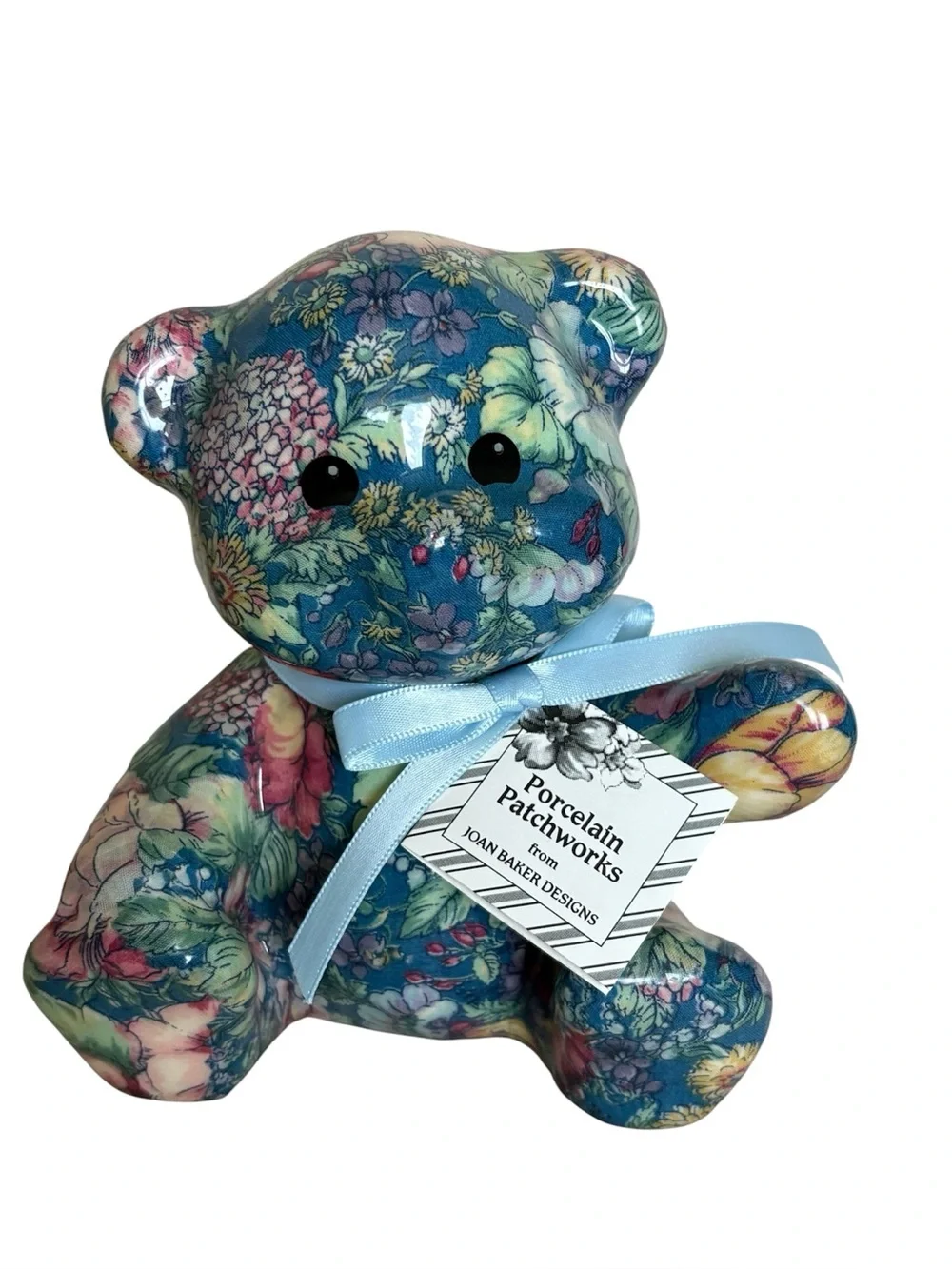 Joan Baker Porcelain Patchworks Teddy Bear Figurine with Blue Floral Pattern